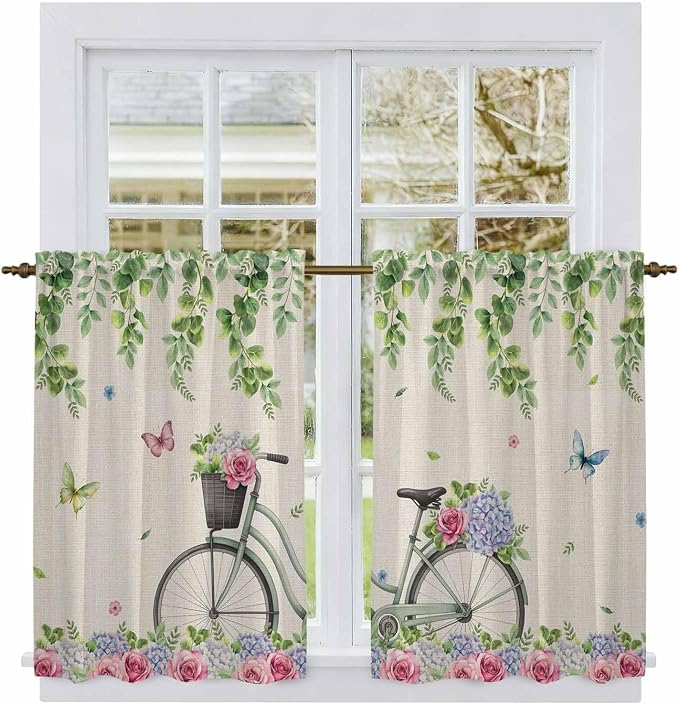Farmhouse Spring Kitchen Curtains, Retro Bicycles Flowers Vines Butterfly Light by Unknown