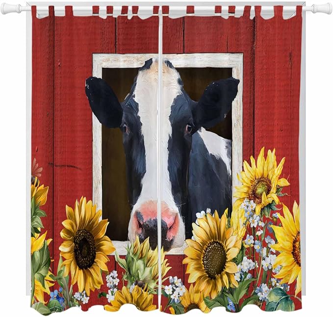 Cow Sunflowers Living Room Curtains 84 Inch Length, Window Curtains Tab Top by Unknown