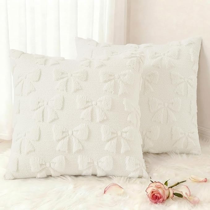 decorUhome Cream White Bow Pillow Covers Set of 2 Coquette Aesthetic Cute Preppy Plush Faux Pillowcases for Girly Bedroom or Couch 18x18 Inch