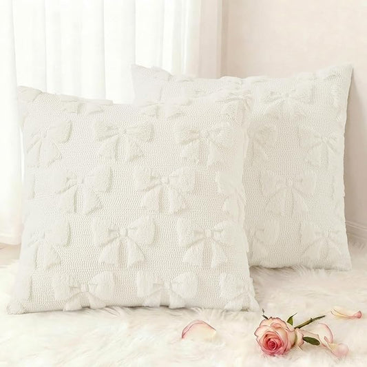 decorUhome Cream White Bow Pillow Covers Set of 2 Coquette Aesthetic Cute Preppy Plush Faux Pillowcases for Girly Bedroom or Couch 16x16 Inch