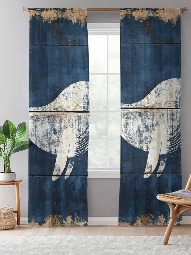 Sheer Curtains 108 Inches Long, Ocean Whale Blue Semi Sheer Curtains Light - Image 5