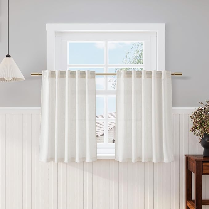 Nanspring Cream Kitchen Curtains 36 Inch Length 2 Panels Set Linen Blend Back Tab Privacy Light Filtering Cafe Curtains Modern Neutral Short Tier Curtain for Small Window Bathroom RV Camper 36x36