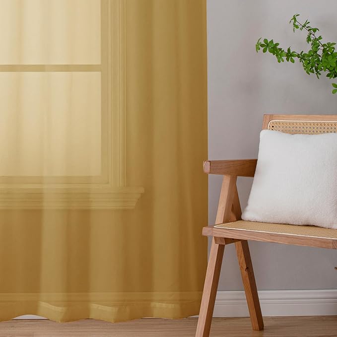 Chyhomenyc Sheer Gold Curtains 90 inches Long 2 Panels, Light Filtering Soft Airy Solid Elegant Voile Window Treatment Drapes for Bedroom Living Room Wedding Party Decor, 42 Wx90 L Inches