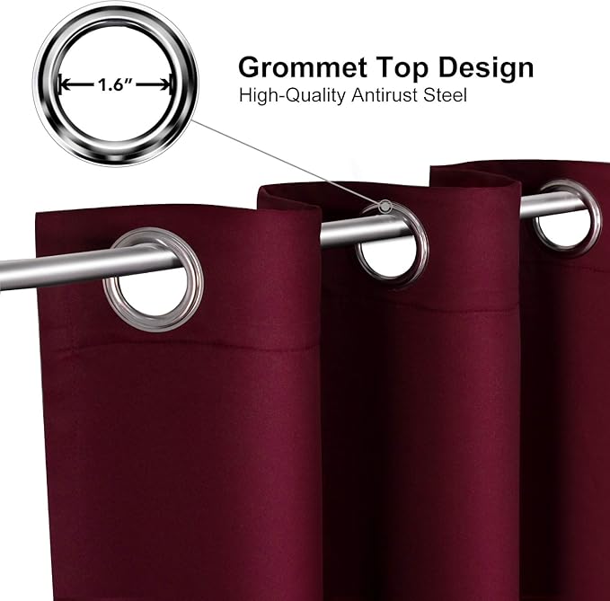 ChrisDowa Grommet Blackout Curtains for Bedroom and Living Room - 2 Panels Set Thermal Insulated Room Darkening Curtains (Burgundy Red, 52W x 72L)