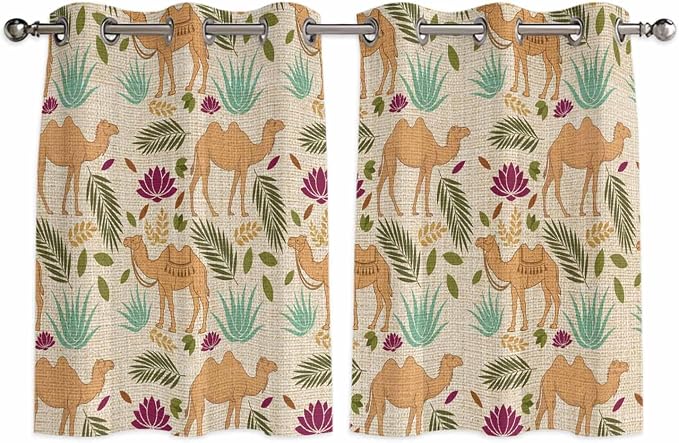 2 Panel Kitchen Cafe Curtains, Desert Camels Sunlight Filtering Nature Air by Hokiten