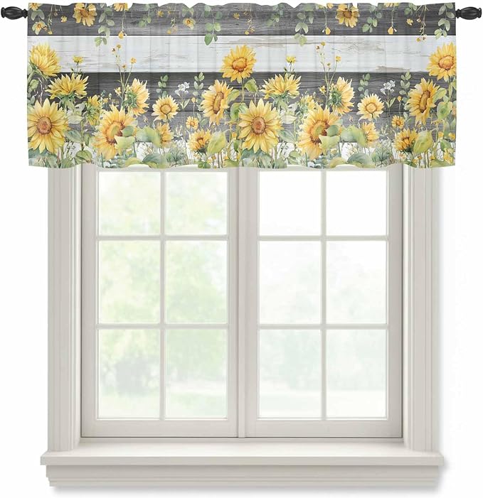Summer Floral Sheer Valance Curtains, Watercolor Sunflower Eucalyptus Leaves by Houseown