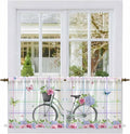 Spring Tier Curtains, Bicycles Botanical Leaves Rose Colorful Stripes Light by Unknown