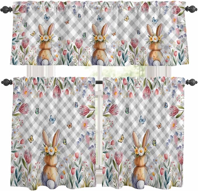 Kitchen Curtains Tiers and Valance Set of 3, Easter Light Filtering Window by Anzona