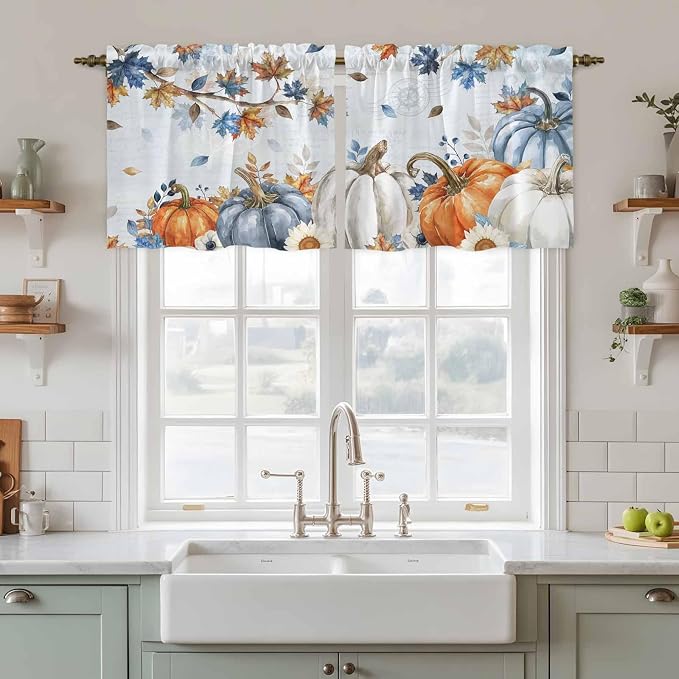 Fall Blue Maple Kitchen Tier Curtains 36 Inch Long 2 Panel Set, Rod Pocket Half - Image 3