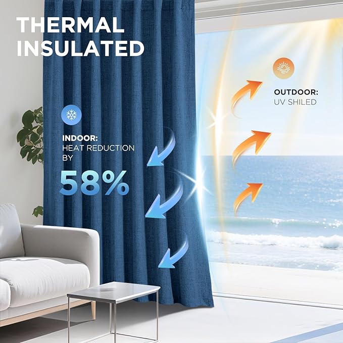 Joydeco Linen Blackout Curtains for Bedroom - 100% Light Blocking 1 Panels, Navy Blue Drapes 100" W x 108" L, Thermal Insulated Room Darkening Curtains for Living Room, Rod Pocket & Back Tabs