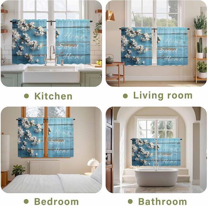 Farmhouse Wooden Grain Kitchen Curtains, Vintage Shabby Chic Flower Blue Light - Image 8