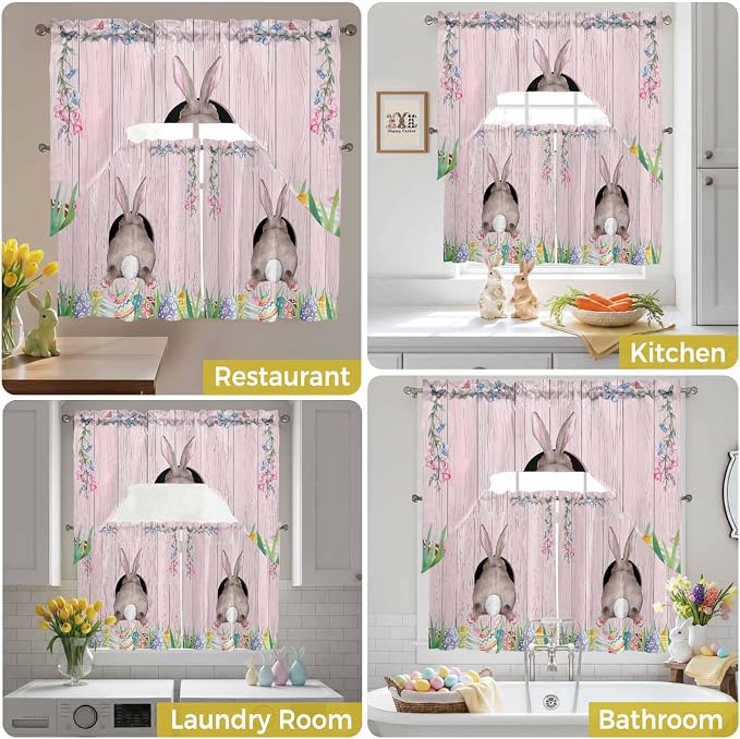 Swag Valance Curtains, Easter Cute Rabbit and Colorful Eggs Rod Pocket Valances - Image 7