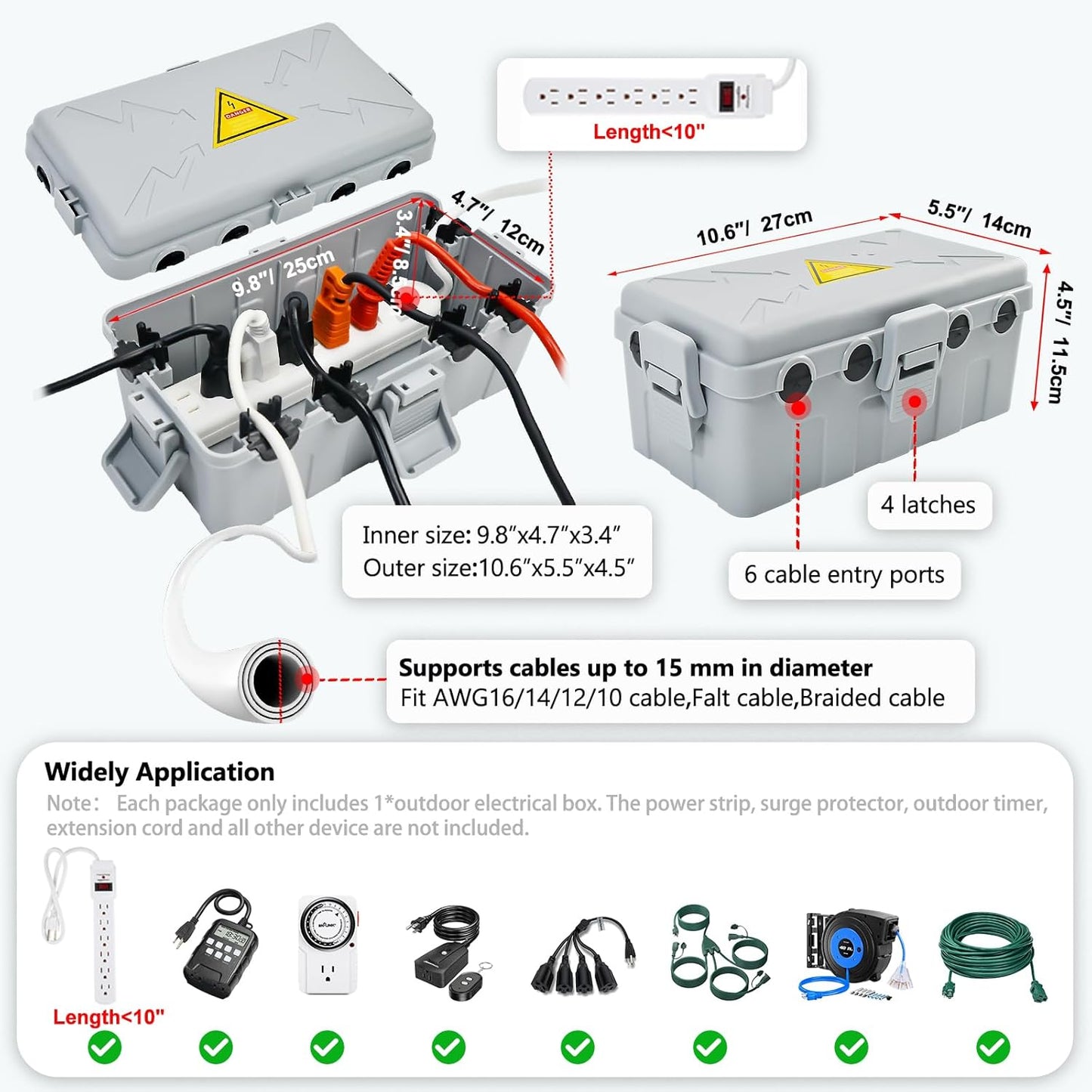 Hrensaw Medium Outdoor Electrical Box(10.6x5.5x4.5inch),Weatherproof Connection Box w/6 Cable Entry,IP54 Waterproof Extension Cord Cover Protect Power Strip,Timer,Plug,Holiday Lights,Grey