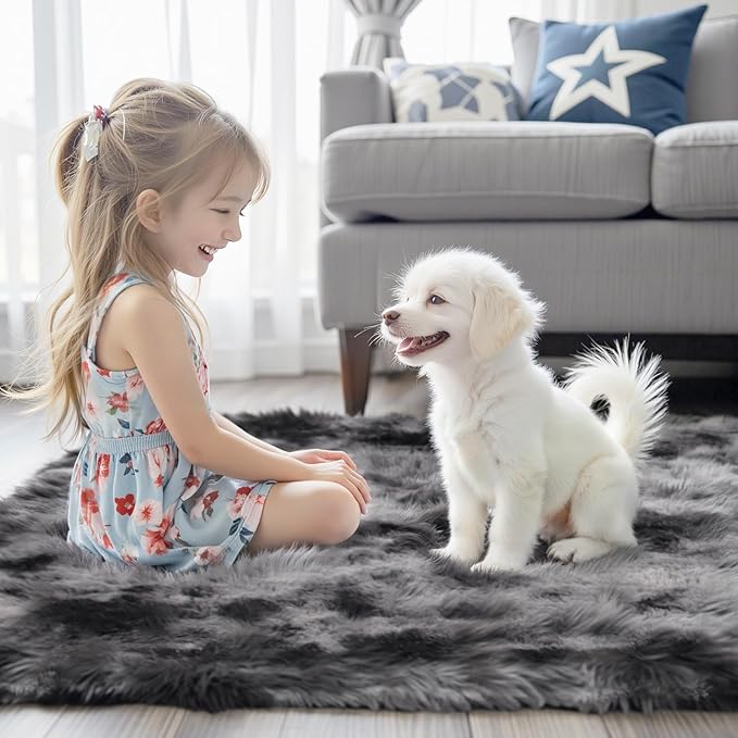 8x10 Area Rugs for Living Room Bedroom, Large Area Rug Shag Shaggy Carpet Soft Plush Furry Bedside Rug, Rugs for Home Decor (Dark Grey Tie-Dyed, 8 x 10 Feet)