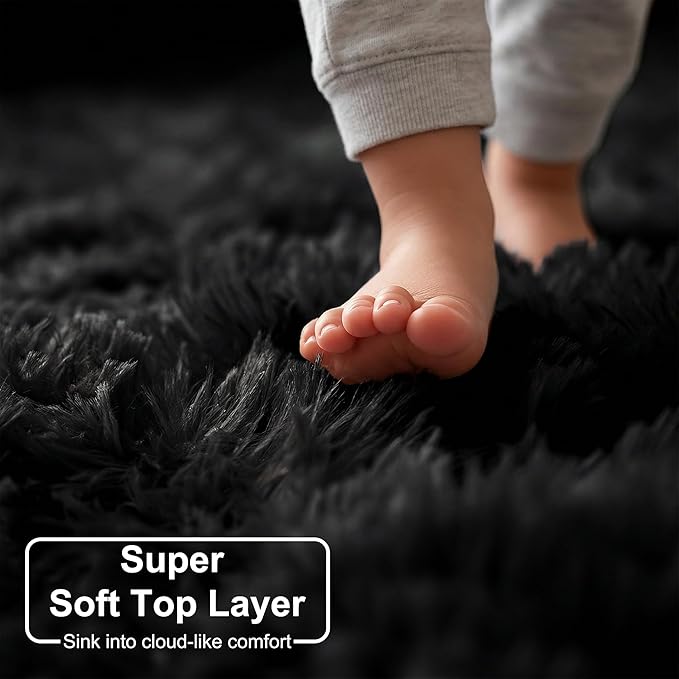 Black Round Rug 4Ft for Bedroom, Fluffy Circle Area Rugs for Living Room Decor Aesthetic, Shaggy Furry Circular Floor Carpet for Office Playroom Nursery Classroom, Modern Baby Kids Teen Boys Mens Rug