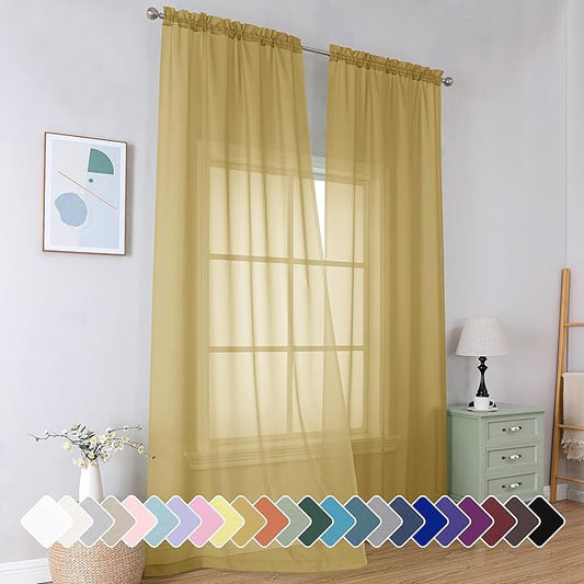 Simplebrand Gold Sheer Curtains 96 Inches Long 2 Panels, Light Filtering Rod Pocket Solid Color Window Sheer Curtain Panels, Elegant Curtains & Drapes for Living Room, Bedroom, 42" W x 96" L