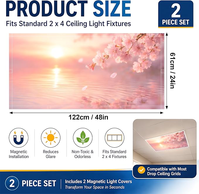 2 Pack Sunset Cherry Blossom Decorative Ceiling Light Covers, Magnetic 4x2 Ft - Image 2