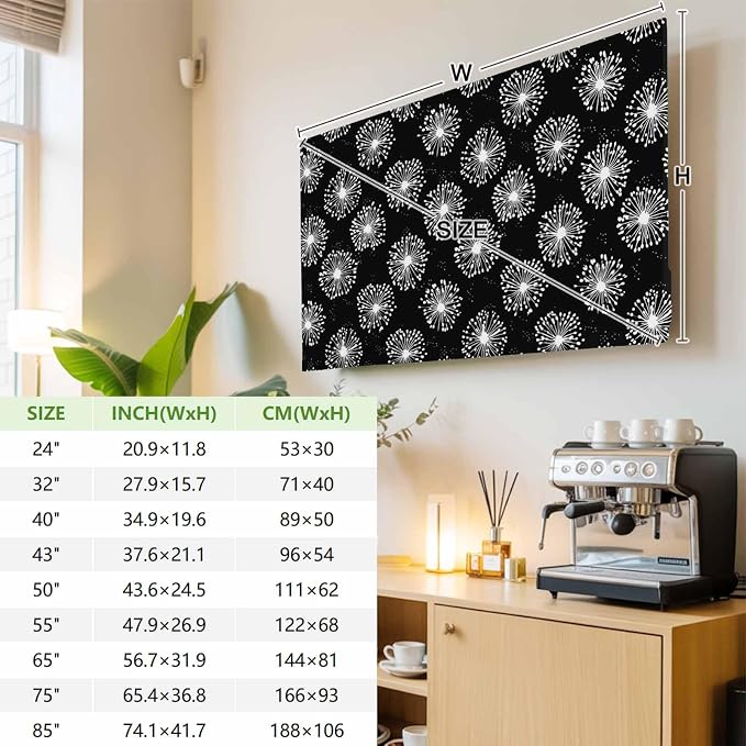Abstract Dandelion on Black Indoor TV Cover, Elastic TV Screen Protector Summer - Image 3