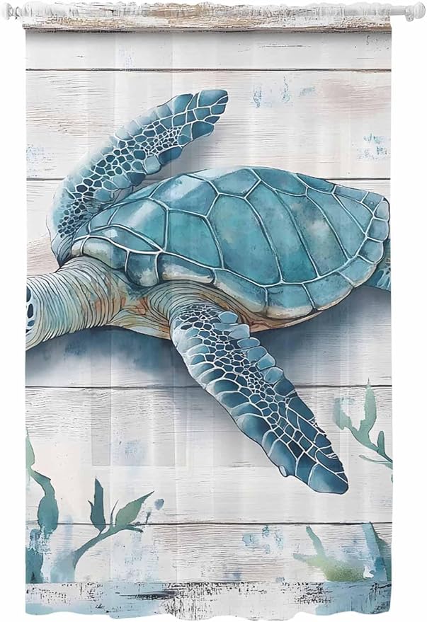 Sheer Curtains 84 Inches Long, Teal Green Sea Turtle Semi Sheer Curtains Light by Unknown