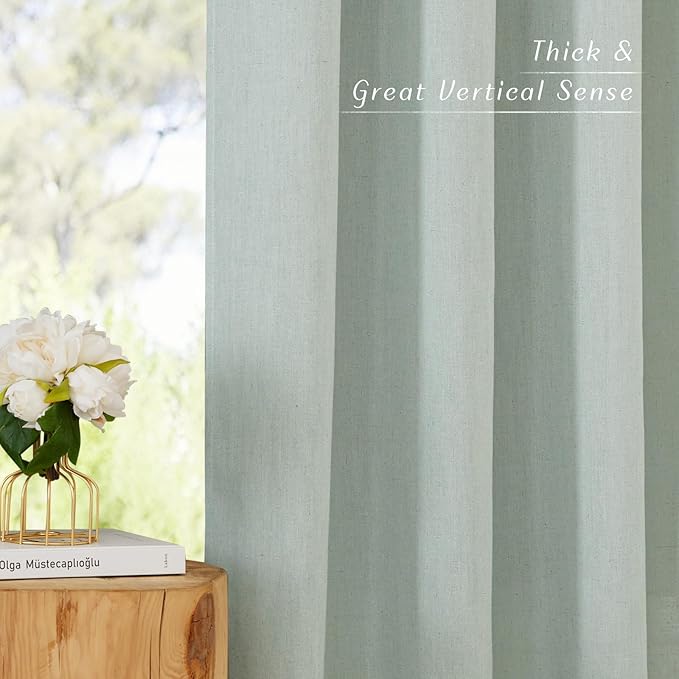 NICETOWN Linen Flax Semi Sheer Curtains 94" Length, Grommet Window Treatments Privacy Added with Light Penetration Vertical Drapes for Loft/Home Office, Sage Green, W55 x L94, 2 Panels