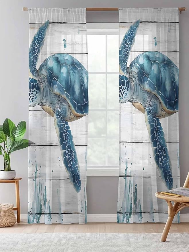 Sheer Curtains 84 Inches Long, Teal Green Ocean Turtle Semi Sheer Curtains - Image 5
