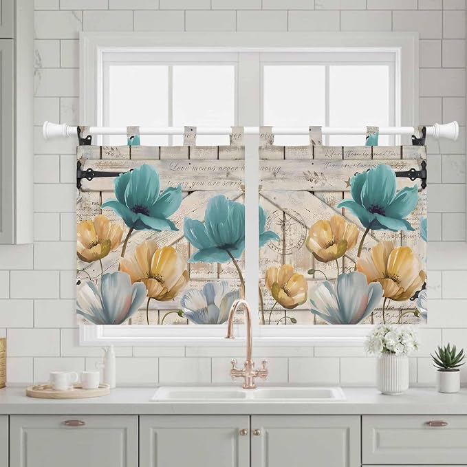 Watercolor Flowers Kitchen Curtains 24 Inch Length, Small Window Curtains Tab - Image 3