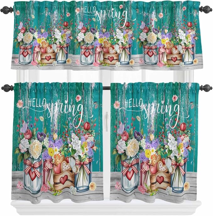 Spring Flowers Kitchen Curtain Set, Farmhouse Watercolor Teal Wood Grain Window by Unknown