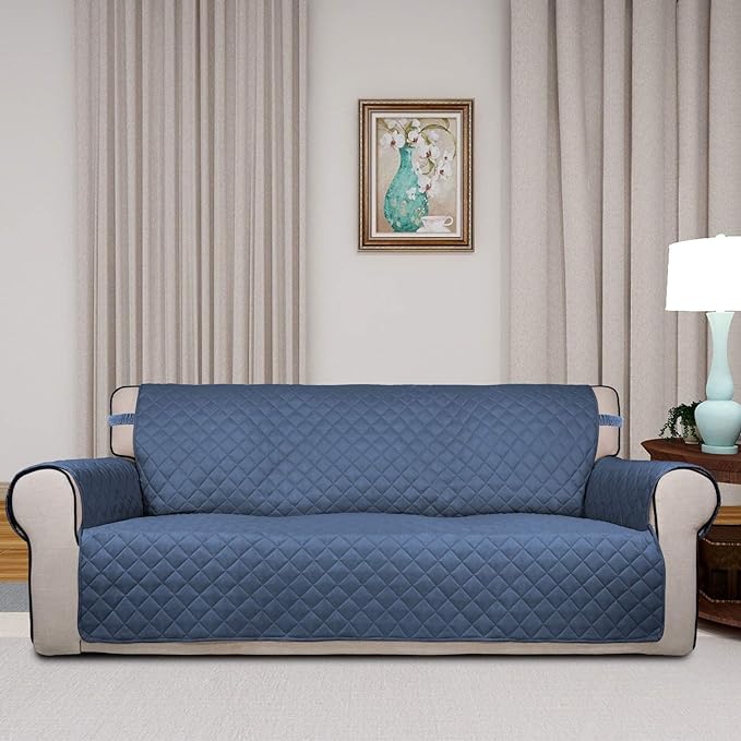 PureFit Reversible Quilted Sofa Cover, Water Resistant Slipcover Furniture Protector, Washable Couch Cover with Non Slip and Elastic Straps for Kids, Dogs, Pets (Sofa, Dark Blue/Light Blue)
