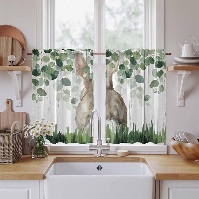 Easter Kitchen Curtains, Country Rabbit Botanical Leaves Wooden Grain Light - Image 2