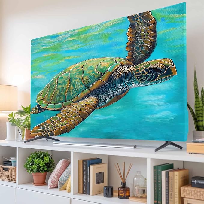 Sea Turtle Summer Ocean Teal Gradient Indoor TV Cover, Elastic TV Screen by Unknown