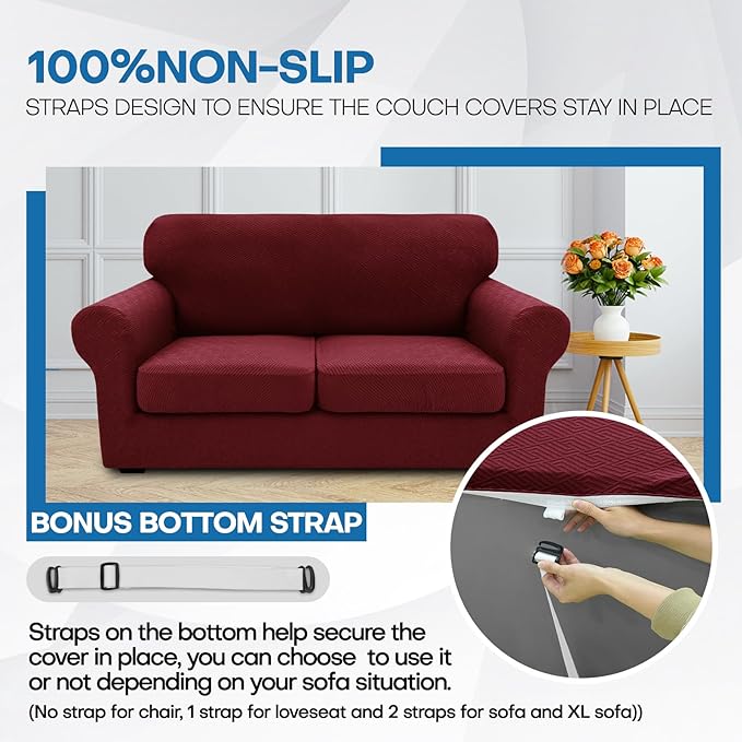 XINEAGE 2026 New 4 Pieces Extra Large Couch Covers for 3 Cushion Sofa Super Stretch Sofa Cover for 3 Large Seat Cushion Universal Fitted Slip Cover for Living Room (Wine Red), 91"-110"(3 Cushions)