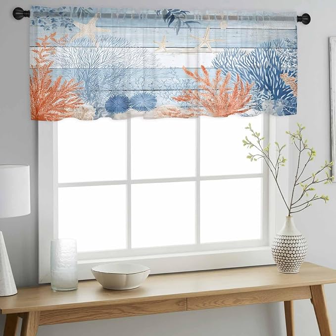 Ocean Corals Sheer Valance Curtains, Summer Beach Coral Sea Stars Blue Wood - Image 3