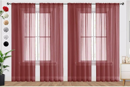 SpaceDresser Burgundy Sheer Curtains 4 Panels Rod Pocket Semi-Sheer Curtain 54 Inches Long Light Filtering Voile Window Drapes for Bedroom Living Room Kitchen, Each 52W x54L