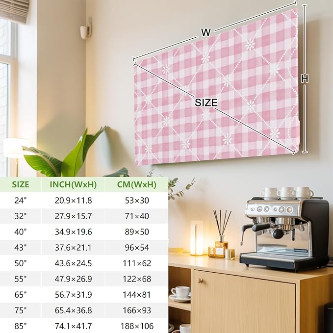 Pink Plaid Flower White Lattice Indoor TV Cover, Elastic TV Screen Protector - Image 3