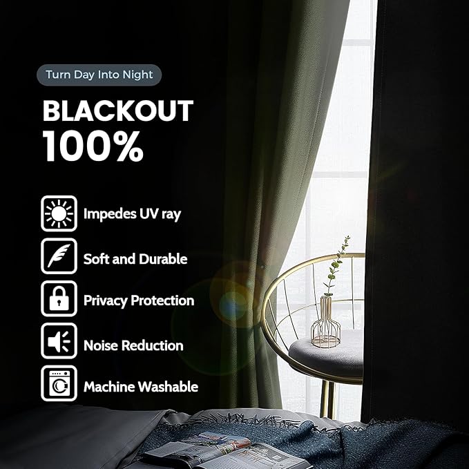 SimpleHome 100% Blackout Curtains for Bedroom,Thermal Insulated Light Sage Grommet Window Drapes Room Darkening Curtains for Living Room with Black Back,52 x 72 Inch,2 Panels