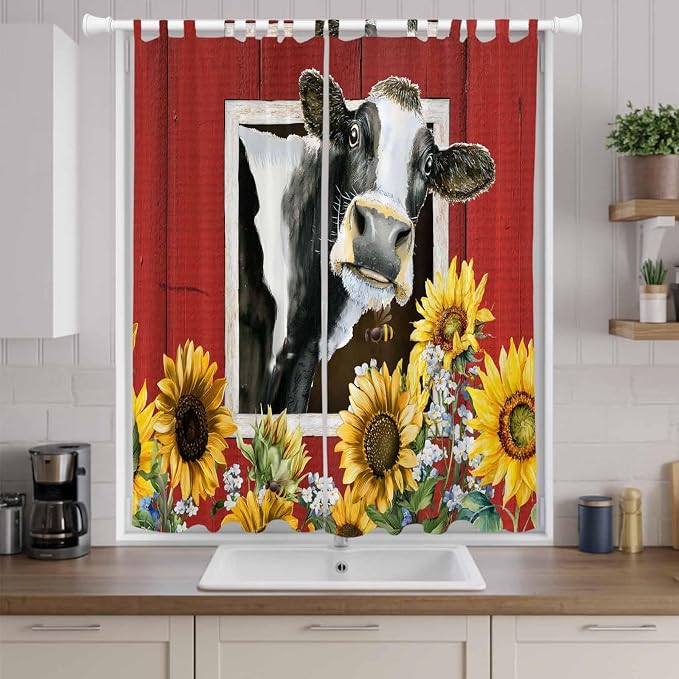 Cows Sunflowers Living Room Curtains 96 Inch Length, Window Curtains Tab Top - Image 9