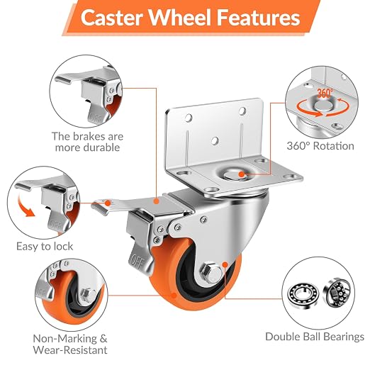 Caster Wheels, 3 Inch L-Shaped Casters Set of 4 Heavy Duty, Locking Caster - Image 3