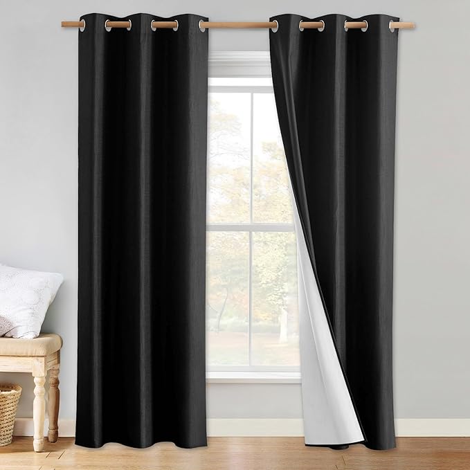 NICETOWN Vintage Open Linen Weave Flax Thermal Curtains, 100% Blackout Curtains 80 inches Long for Dining Room, Soundproof Window Treatment Drapes for Hall Room, Black, 34" Wide Per Panel, Set of 2