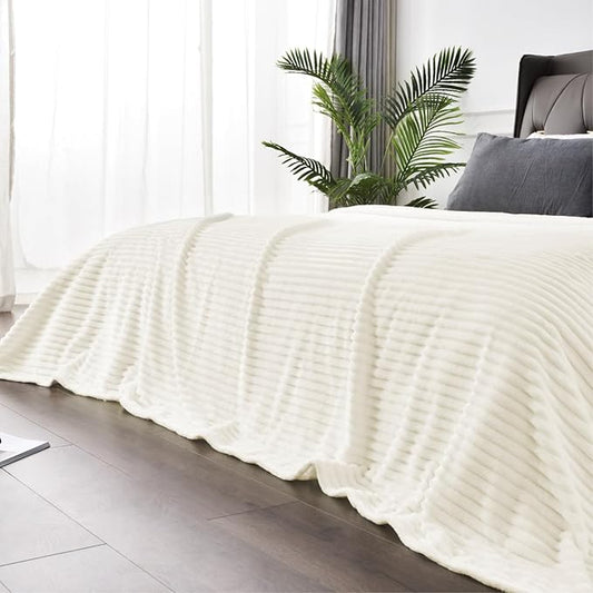 BEDELITE Fleece Blanket Queen Size – 3D Ribbed Jacquard Soft and Warm Decorative Fuzzy Blankets – Cozy, Fluffy, Plush Lightweight Throw Blankets for Couch, Bed, Sofa(Cream, 90x90 inches)