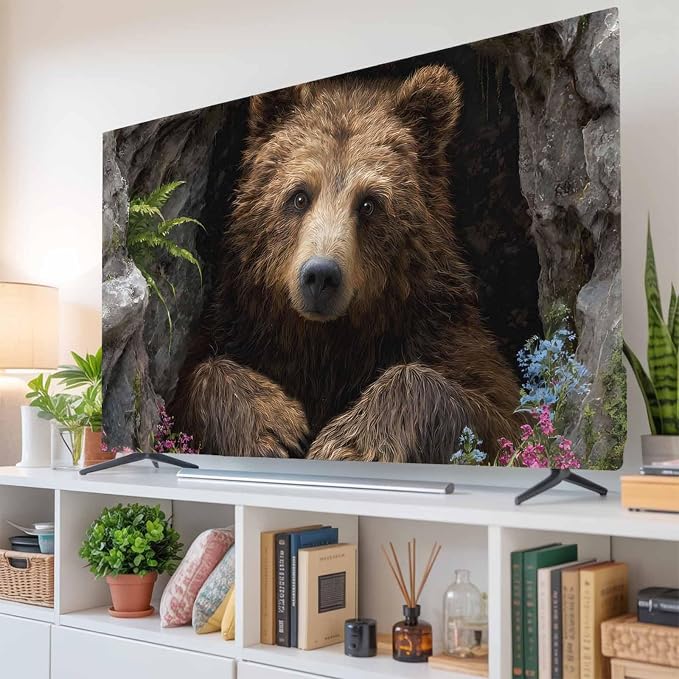 Brown Bear Rustic Wildflowers Cave Indoor TV Cover, Elastic TV Screen Protector - Image 6