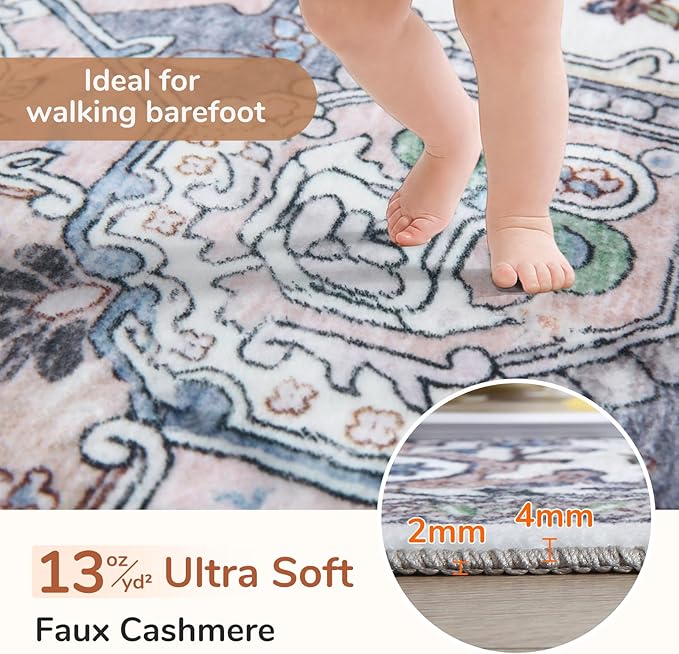 OPPODREAM Soft Area Rugs 3x5, Washable Rugs with Non Slip Backing, Low-Pile Throw 3x5 Carpet, Faux Cashmere 3 x 5 Carpet, Purple & Green & Cream