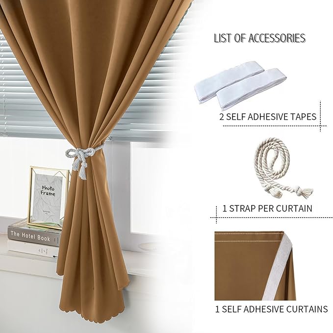 Self Adhesive Curtains, Stick Curtain Blackout Shades Window Cover Curtains for Living Room No Drilling, 47" W X 71" L, Brown, 1 Panel