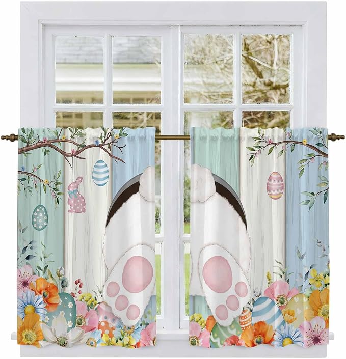 Easter Kitchen Tier Curtains 45 Inch Long 2 Panel Set, Rod Pocket Short Window - Image 2