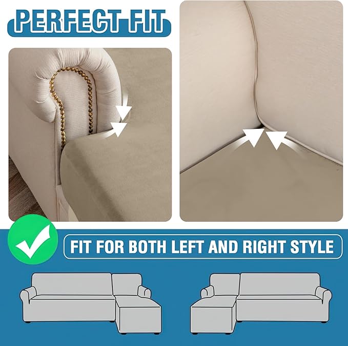 Couch Cover 4-Piece Elastic Velvet Couch Cushion Covers & Chaise Slipcovers for L-Shaped Sofas - Sofa Seat Covers Washable, Soft Cover for Couches (3 Seater + Chaise, Leather Brown)