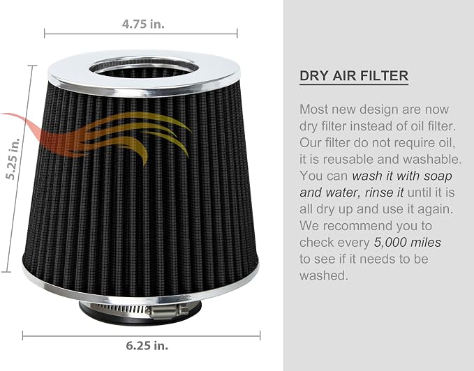 Rtunes Racing Universal Clamp-On Air Intake Filter Dry Washable Cone Air Filter - Image 9