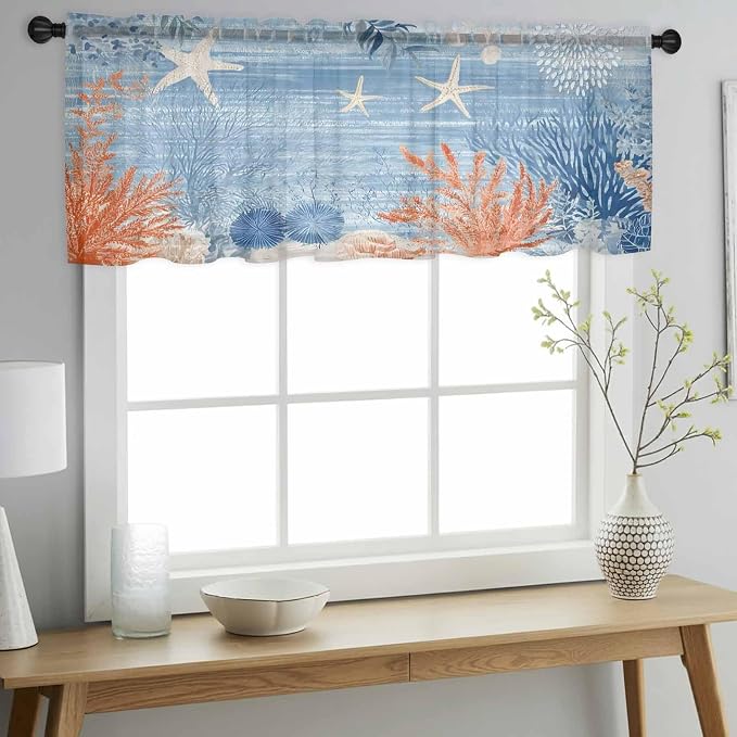 Ocean Corals Sheer Valance Curtains, Summer Beach Coral Sea Stars Blue Stripes - Image 3