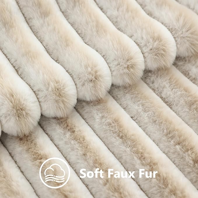 decorUhome Summer Cozy Faux Fur Throw Pillow Covers 20x20 Set of 2 Decorative Soft Plush Striped Modern Farmhouse Boho Couch Pillow Cases with Velvet Back for Sofa Bed Living Room, Beige White