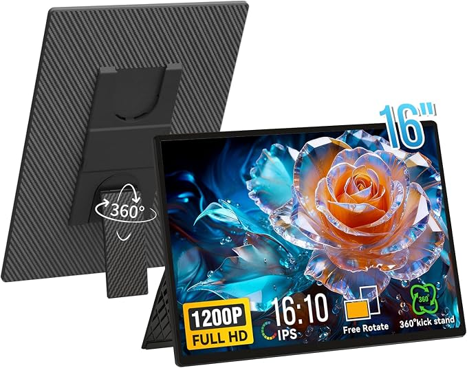 Portable Monitor 16" 1200P FHD Laptop Screen Extender, Horizontal Vertical by BKVOO