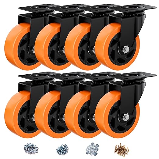 4" Swivel Plate Casters Set of 8 Heavy Duty 1200 lbs | Orange PU, Non-Marking by ASHGOOB