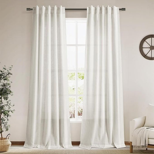 Cream Semi Sheer Curtains 96 Inches Long Back Tab Pocket Ivory Linen Living Room Curtain 2 Panel Sets Light Filtering Luxury Drapes Boho Farmhouse Room Curtains for Bedroom Aesthetic 8Ft 40x96